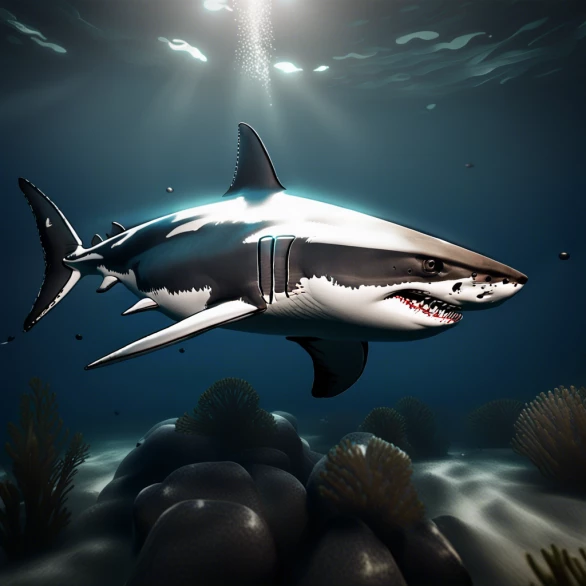 !draw a [great white shark] with unreal engine creating a strikingly 8k photorealistic view of the fish  using the highest resolution for top render quality with the best image possible made by having the  [great white shark]  in scene to give ultimate realistic photo